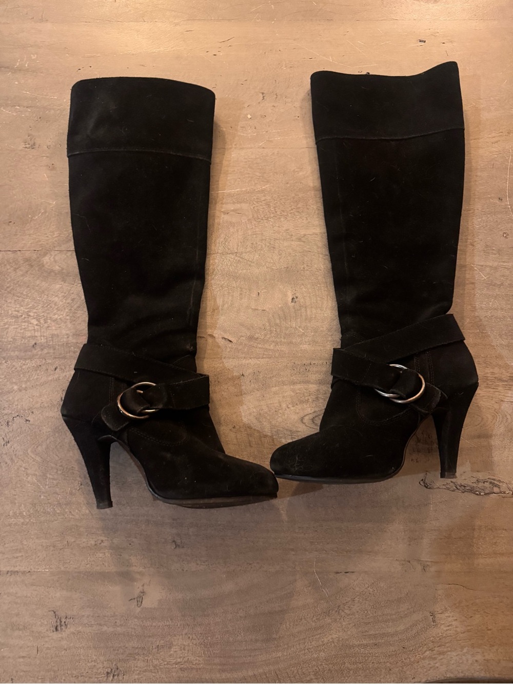 Champion Black Suede Knee Boots with Buckle Strap